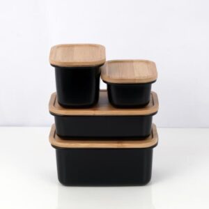 Contenedor de Acero Inoxidable Negro con Tapa Bamboo - 450 ml